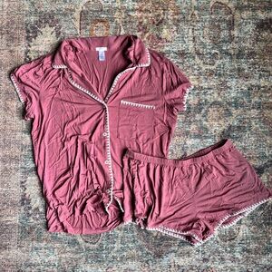 Eberjey Frida 2-Piece Whip Stitch Pajama Set Pink Açaí Ivory, size L